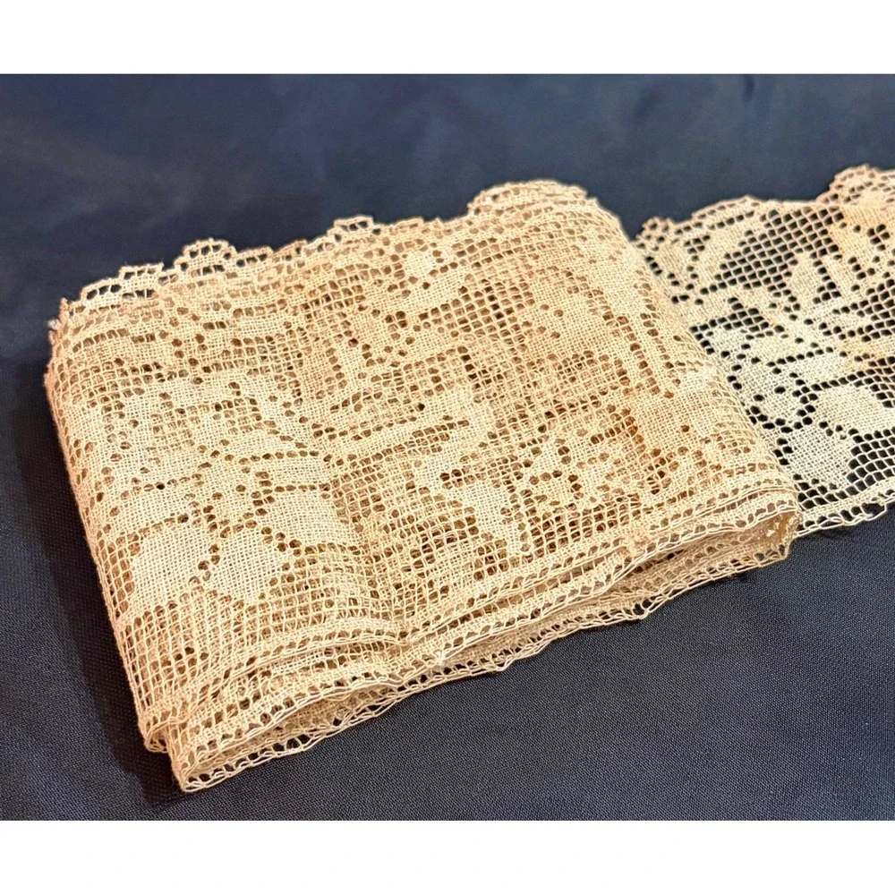 Antique Filet Lace Edging Scalloped Floral Trim Ecru Cotton 2 Yards 3.5 Wide